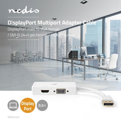 DisplayPort-Adapter | Mini-DisplayPort Male | DVI-D 24+1-Pins Female / HDMI™ Output / VGA Female 15p | 4K@60Hz | Verguld | Schakelbaar | 0.20 m | Rond | ABS | ABS | Wit | Polybag