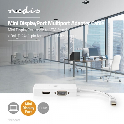 DisplayPort-Adapter | Mini-DisplayPort Male | DVI-D 24+1-Pins Female / HDMI™ Output / VGA Female 15p | 4K@60Hz | Vernikkeld | Schakelbaar | 0.20 m | Rond | ABS | ABS | Wit | Polybag