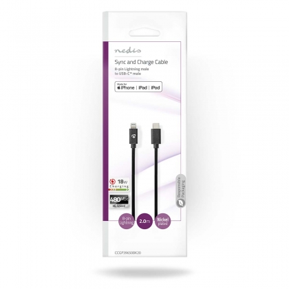 Lightning Kabel | USB 2.0 | Apple Lightning 8-Pins | USB-C™ Male | 480 Mbps | Vernikkeld | 2.00 m | Rond | PVC | Zwart | Envelop