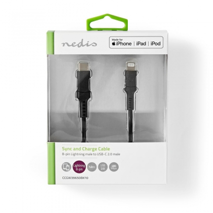 Lightning Kabel | USB 2.0 | Apple Lightning 8-Pins | USB-C™ Male | 480 Mbps | Vernikkeld | 1.00 m | Rond | PVC | Zwart | Doos