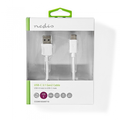 USB-Kabel | USB 3.2 Gen 2 | USB-A Male | USB-C™ Male | 60 W | 10 Gbps | Vernikkeld | 1.00 m | Rond | PVC | Wit | Doos