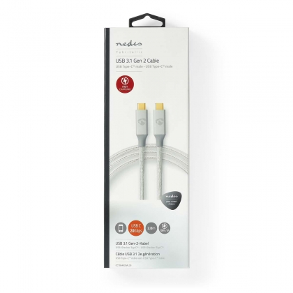 USB-Kabel | USB 3.2 Gen 2x2 | USB-C™ Male | USB-C™ Male | 100 W | 4K@60Hz | 20 Gbps | Verguld | 2.00 m | Rond | Gevlochten / Nylon | Zilver | Cover Window Box