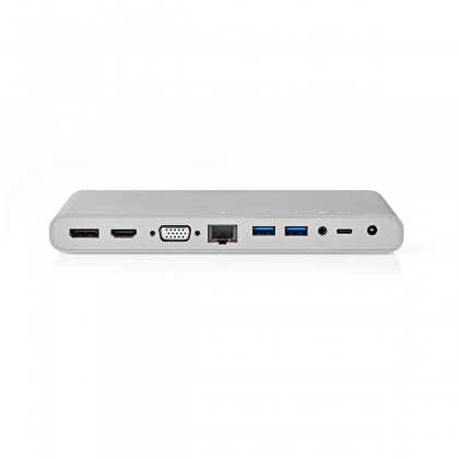 USB Docking Station | USB 3.2 Gen 1 | USB-C™ Male | DisplayPort Female / HDMI™ Female / RJ45 Female / VGA Female 15p / 2x 3,5 mm Female / 2x USB-C™ / 4x USB-A | 0.20 m | Rond | Vernikkeld | Gevlochten / Nylon | Wit | Window Box met Euro Lock