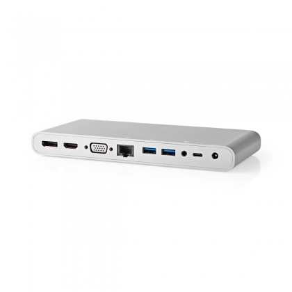 USB Docking Station | USB 3.2 Gen 1 | USB-C™ Male | DisplayPort Female / HDMI™ Female / RJ45 Female / VGA Female 15p / 2x 3,5 mm Female / 2x USB-C™ / 4x USB-A | 0.20 m | Rond | Vernikkeld | Gevlochten / Nylon | Wit | Window Box met Euro Lock