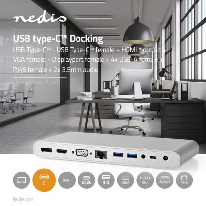 USB Docking Station | USB 3.2 Gen 1 | USB-C™ Male | DisplayPort Female / HDMI™ Female / RJ45 Female / VGA Female 15p / 2x 3,5 mm Female / 2x USB-C™ / 4x USB-A | 0.20 m | Rond | Vernikkeld | Gevlochten / Nylon | Wit | Window Box met Euro Lock