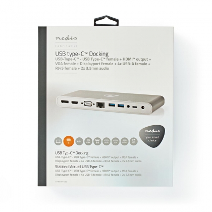 USB Docking Station | USB 3.2 Gen 1 | USB-C™ Male | DisplayPort Female / HDMI™ Female / RJ45 Female / VGA Female 15p / 2x 3,5 mm Female / 2x USB-C™ / 4x USB-A | 0.20 m | Rond | Vernikkeld | Gevlochten / Nylon | Wit | Window Box met Euro Lock