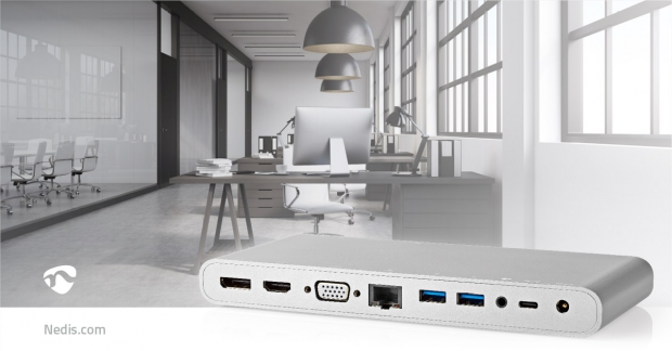 USB Docking Station | USB 3.2 Gen 1 | USB-C™ Male | DisplayPort Female / HDMI™ Female / RJ45 Female / VGA Female 15p / 2x 3,5 mm Female / 2x USB-C™ / 4x USB-A | 0.20 m | Rond | Vernikkeld | Gevlochten / Nylon | Wit | Window Box met Euro Lock