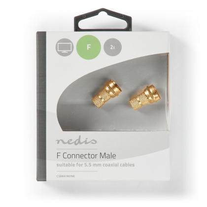 F-Connector | Recht | Male | Verguld | 75 Ohm | Twist-On | Diameter kabelinvoer: 5.5 mm | Koper | Metaal | 2 Stuks | Window Box