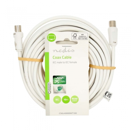 Coaxkabel | IEC (Coax) Male | IEC (Coax) Female | Vernikkeld | 90 dB | 75 Ohm | Dubbel Afgeschermd | 10.0 m | Rond | PVC | Wit | Label