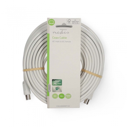 Coaxkabel | IEC (Coax) Male | IEC (Coax) Female | Vernikkeld | 90 dB | 75 Ohm | Dubbel Afgeschermd | 15.0 m | Rond | PVC | Wit | Label