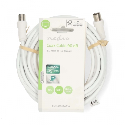 Coaxkabel | IEC (Coax) Male | IEC (Coax) Female | Vernikkeld | 90 dB | 75 Ohm | Dubbel Afgeschermd | 5.00 m | Rond | PVC | Wit | Label