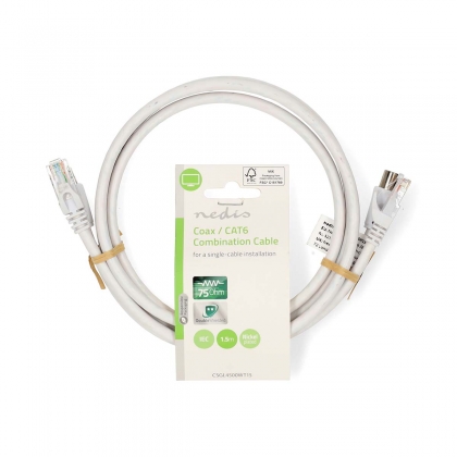 Coax- en CAT6-Combikabel | IEC (Coax) Male / RJ45 Male | IEC (Coax) Female / RJ45 Male | Vernikkeld | RG58 | 75 Ohm | Dubbel Afgeschermd | 1.50 m | Rond | PVC | Wit | Label