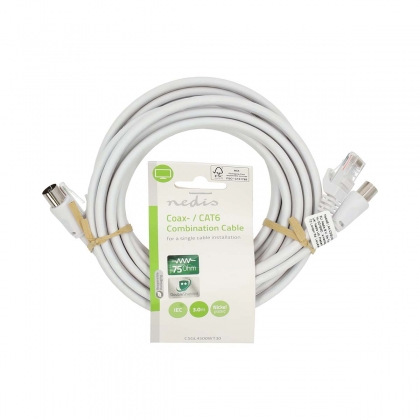 Coax- en CAT6-Combikabel | IEC (Coax) Male / RJ45 Male | IEC (Coax) Female / RJ45 Male | Vernikkeld | RG58 | 75 Ohm | Dubbel Afgeschermd | 3.00 m | Rond | PVC | Wit | Label