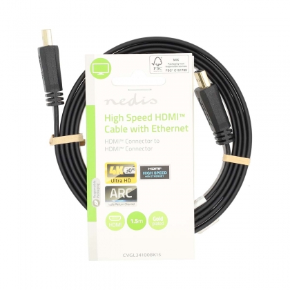 High Speed ​​HDMI™-Kabel met Ethernet | HDMI™ Connector | HDMI™ Connector | 4K@30Hz | 10.2 Gbps | 1.50 m | Plat | PVC | Zwart | Label