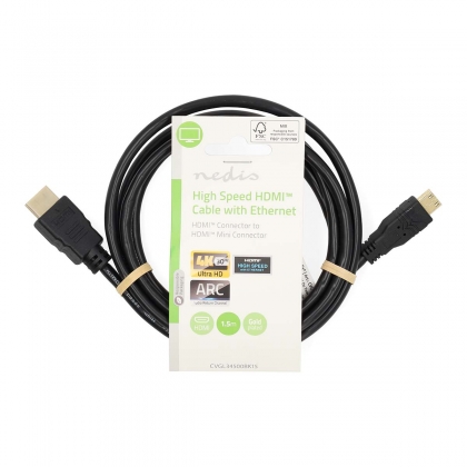 High Speed ​​HDMI™-Kabel met Ethernet | HDMI™ Connector | HDMI™ Mini-Connector | 4K@30Hz | 10.2 Gbps | 1.50 m | Rond | PVC | Zwart | Label