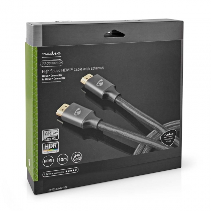 High Speed ​​HDMI™-Kabel met Ethernet | HDMI™ Connector | HDMI™ Connector | 4K@60Hz | ARC | 18 Gbps | 10.0 m | Rond | Katoen | Gun Metal Grijs | Cover Box