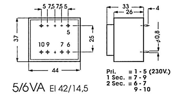 INGEGOTEN TRANSFORMATOR 5VA  1 x 12V / 1 x 0.417A