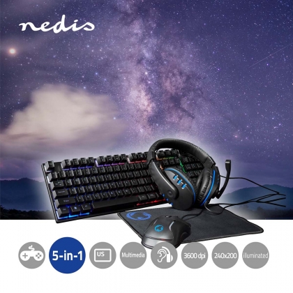 Gaming Combo Kit | 5-in-1 | Toetsenbord, Koptelefoon, Muis en Muismat | Zwart | QWERTY | US Internationaal