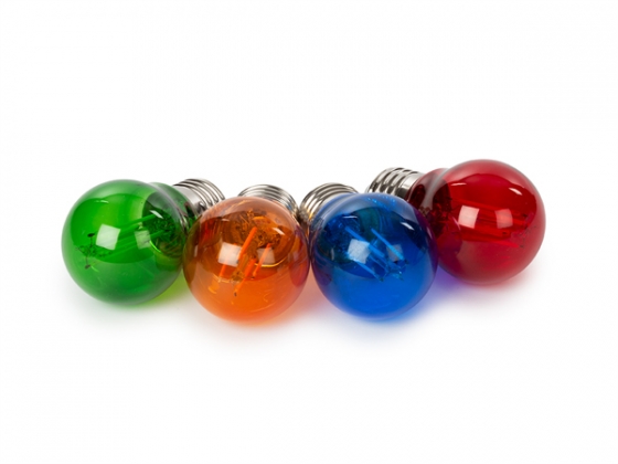 SET LED-GLOEILAMPEN - G45 - GEKLEURD GLAS - 4 st. - ROOD - GROEN - BLAUW - ORANJE