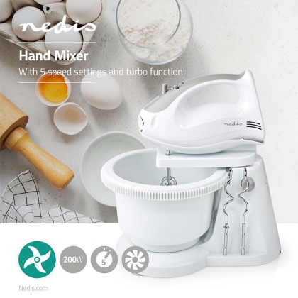 Handmixer | 200 W | 5-Snelheden | Turbo-functie | Draaikom / 2 Deeghaken / 2 Kloppers | Grijs / Wit