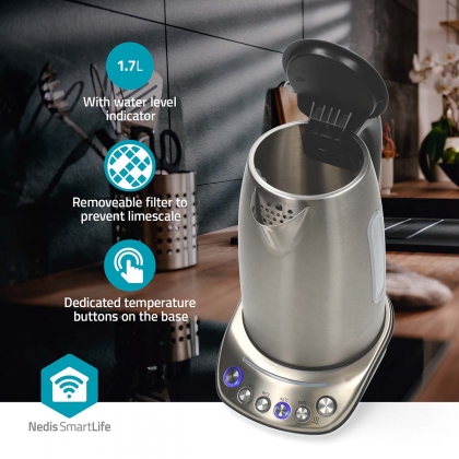 SmartLife Waterkoker | Wi-Fi | 1.7 l | Roestvrij Staal | 70,80,90,100 °C | Temperatuurindicator | 360 graden draaibaar | Verborgen verwarmingselement | Strix®-controller | Android™ / IOS