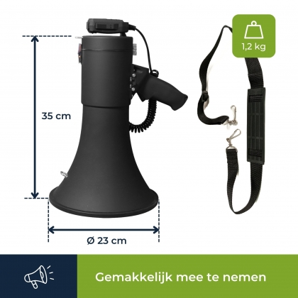 Krachtige Megafoon 50W, ingebouwde sirene, opname, volumeregeling, Bluetooth-weergave, handmicrofoon en MP3-aansluiting voor een geluidsbereik van meer dan 1200 meter. Matzwart