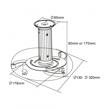 Plafondbeugel voor projectoren, hoogte 130/200 mm, max. 10 kg