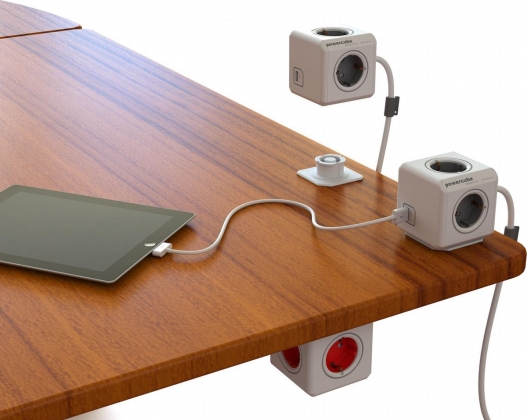 PowerCube met 2 x USB-A, stekkerdoos, 4 sockets, 1.5m, wit/rood