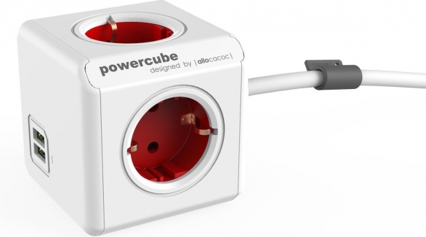 PowerCube met 2 x USB-A, stekkerdoos, 4 sockets, 1.5m, wit/rood