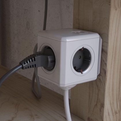 PowerCube met USB-A en USB-C, stekkerdoos, 4 sockets, 1.5m, wit/grijs