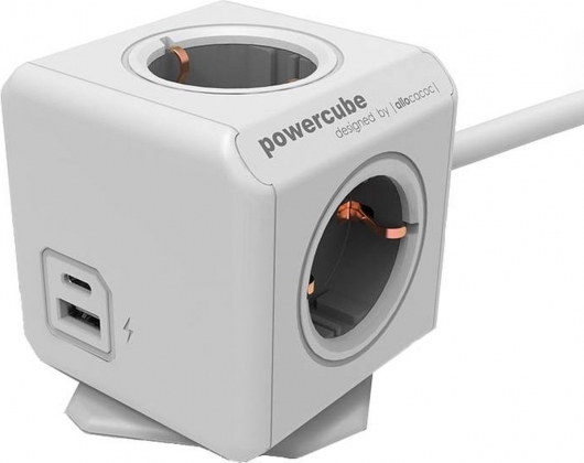 PowerCube met USB-A en USB-C, stekkerdoos, 4 sockets, 1.5m, wit/grijs