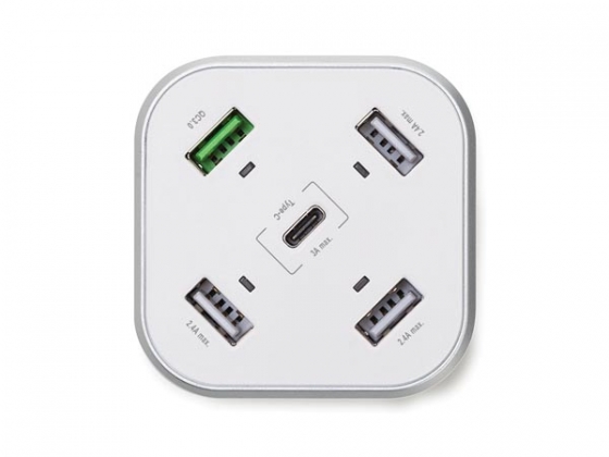 SMART USB station met 3 x USB + 1 x USB Fast Charge QC 3.0 + 1 x Type-C uitgangen - max. 9.6 A - max. 48 W - wit