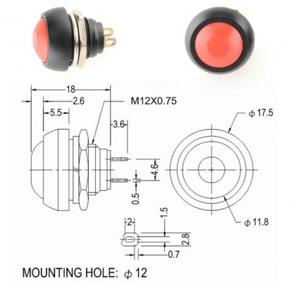 Ronde Pulsdrukker Zwart / drukknop met terugverend maakcontact