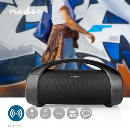 Bluetooth® Party Boombox | 6 uur | 2.0 | 50 W | Media afspeelmogelijkheden: AUX / USB | IPX5 | Koppelbaar | Handgreep | Feestverlichting | Zwart