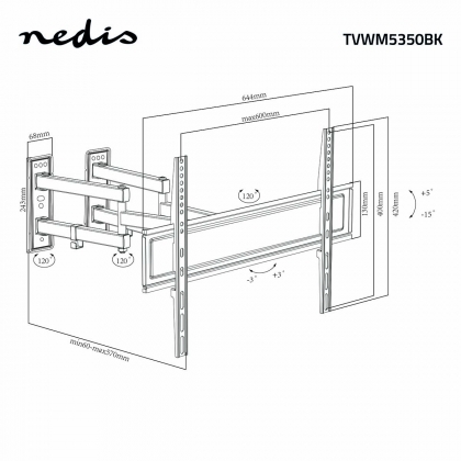 Draai- en Kantelbare TV-Muurbeugel | 32 - 70 " | Maximaal schermgewicht: 40 kg | Kantelbaar | Draaibaar | Minimale muurafstand: 80 mm | Maximale muurafstand: 520 mm | 3 Draaipunt(en) | Staal | Zwart