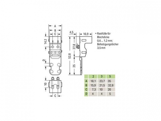 BEVESTIGINGSADAPTER - VOOR 5-DRAADSKLEMMEN - SERIE 221 - 4 mm² - MET KLIKVOETJE VOOR HORIZONTALE MONTAGE - ZWART