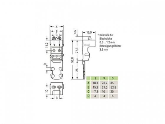 BEVESTIGINGSADAPTER - VOOR 2-DRAADSKLEMMEN - SERIE 221 - 4 mm² - MET KLIKVOETJE VOOR VERTICALE MONTAGE - WIT