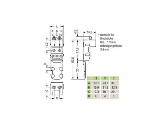 BEVESTIGINGSADAPTER - VOOR 2-DRAADSKLEMMEN - SERIE 221 - 4 mm² - MET KLIKVOETJE VOOR VERTICALE MONTAGE - ZWART