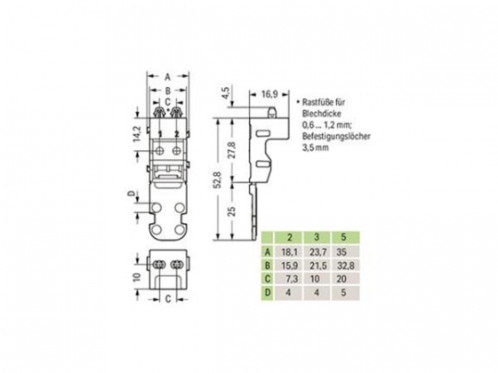 BEVESTIGINGSADAPTER - VOOR 3-DRAADSKLEMMEN - SERIE 221 - 4 mm² - MET KLIKVOETJE VOOR VERTICALE MONTAGE - WIT