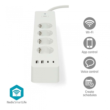 SmartLife Stekkerdoos | Wi-Fi | Hybrid (CEE 7/7) / USB-A / USB-C™ | 16 A | 3680 W | 2.00 m | 0 - 55 °C | Android™ / IOS | Wit