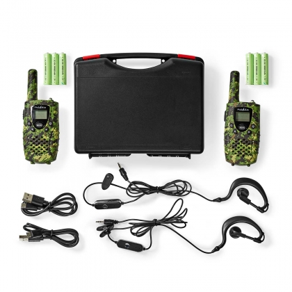 Walkie talkie Set | 2 Handsets | Tot 8 km | Frequentiekanalen: 8 | PTT / VOX | tot 2,5 uur | Koptelefoonoutput | 2 Headsets | Inclusief reiskoffer | Groen